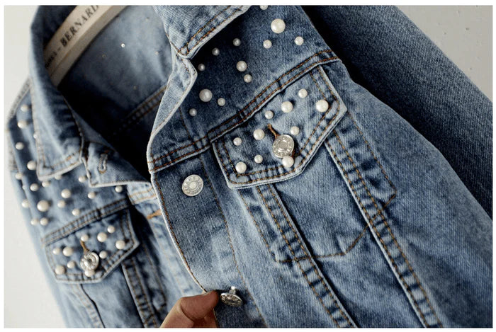 2021 Fast Delivery New Summer Fashion Women’s Denim Jacket Full Sleeve Loose Button Pearls Short Lapel Wild Leisure