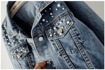 2021 Fast Delivery New Summer Fashion Women’s Denim Jacket Full Sleeve Loose Button Pearls Short Lapel Wild Leisure