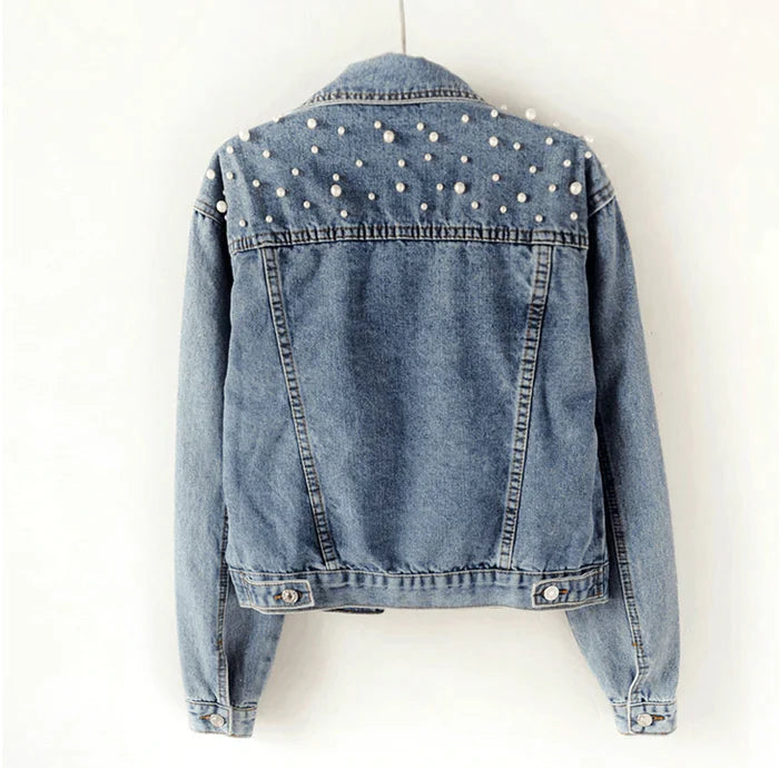 2021 Fast Delivery New Summer Fashion Women’s Denim Jacket Full Sleeve Loose Button Pearls Short Lapel Wild Leisure