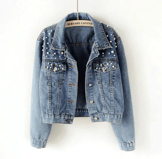 2021 Fast Delivery New Summer Fashion Women’s Denim Jacket Full Sleeve Loose Button Pearls Short Lapel Wild Leisure